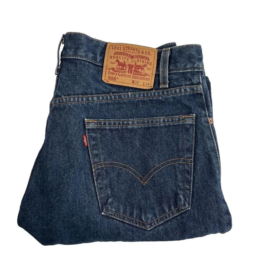 Levi's 505 Regular Fit Blue Jeans Mens 36x33 Straight Leg Dark Wash Denim